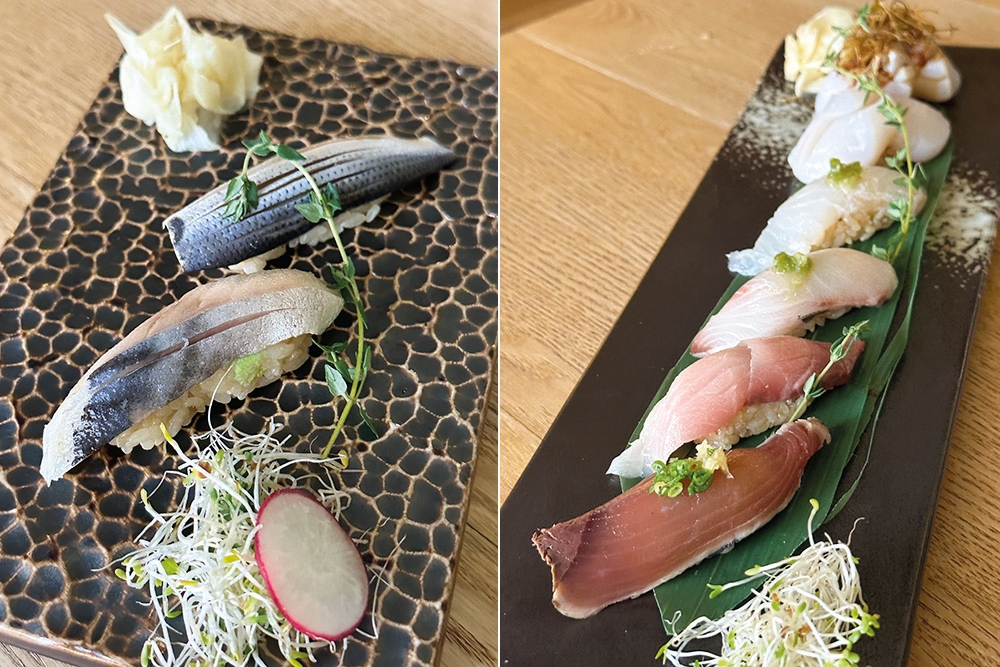Shima Aji Nigiri is best enjoyed without any of the housemade sauce (left). Tick the 'no sauce' option for the assortment of nigiri sushi to enjoy the seafood with the soft marinated rice (right).