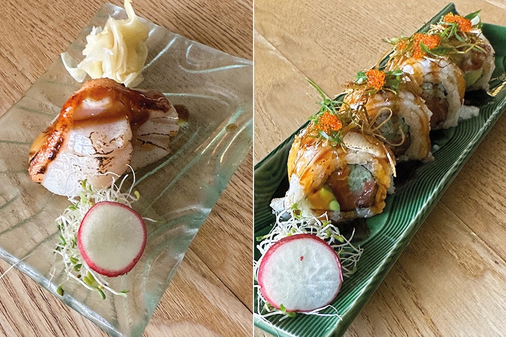 Hotate Mentai Nigiri has a half cut scallop that is sweet and tasty with the marinated rice (left). Aburi Engawa Maki has blow torched flounder fin that melts into luscious fat with rice (right).