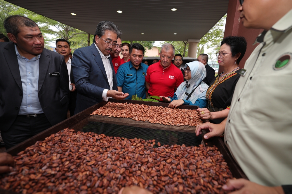 Plantation and Commodities Minister Datuk Seri Johari Abdul Ghani looks at processed cocoa beans during the launch of KitKat Dark Borneo at the Malaysian Cocoa Board in Nilai May 6, 2024. Also present is Nestle (Malaysia) Berhad CEO Juan Aranols. — Bernama pic