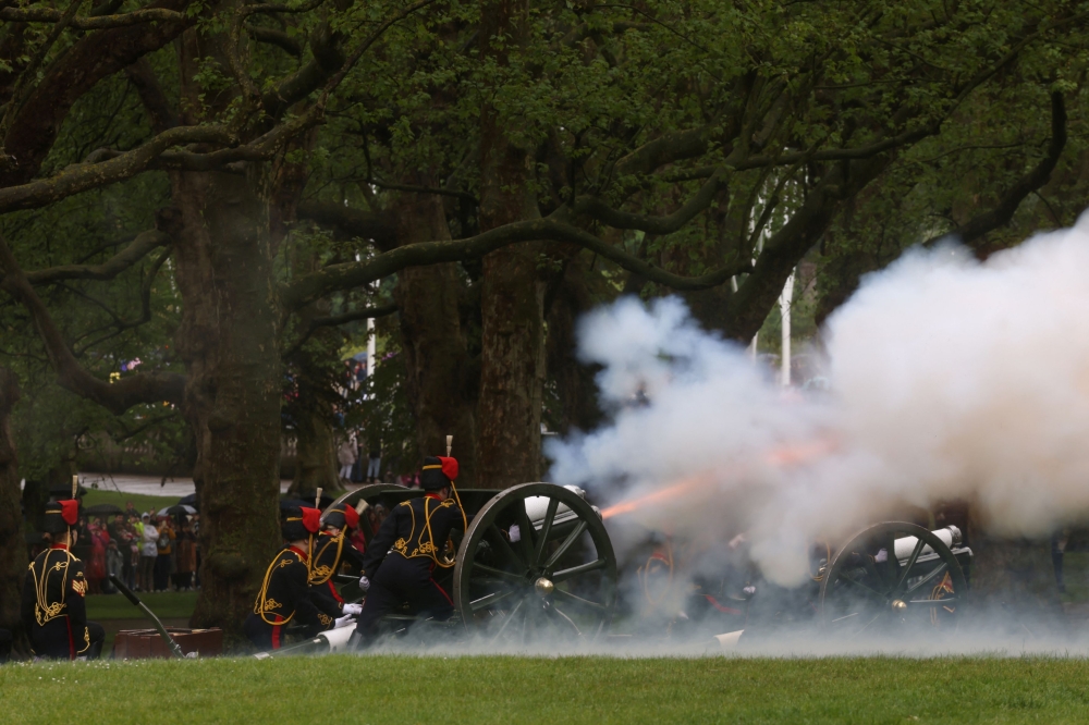 A gun salute is fired to mark the first anniversary of Britain's King Charles' Coronation at The Green Park, in London May 6, 2024. — Reuters pic  