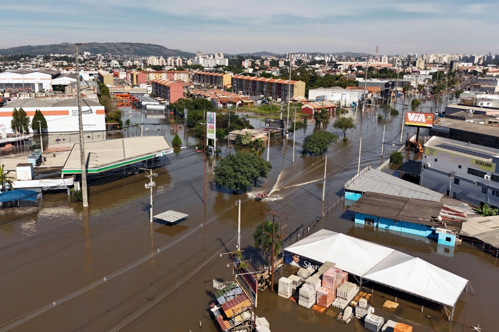 Aerial view of flooded streets in Porto Alegre, Brazil, taken on May 6, 2024, after torrential storms in the southern Rio Grande do Sul State. — AFP pic