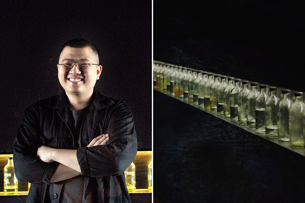 Vinc Pow, co-founder of Shui (left). Selection of various distillates (right).