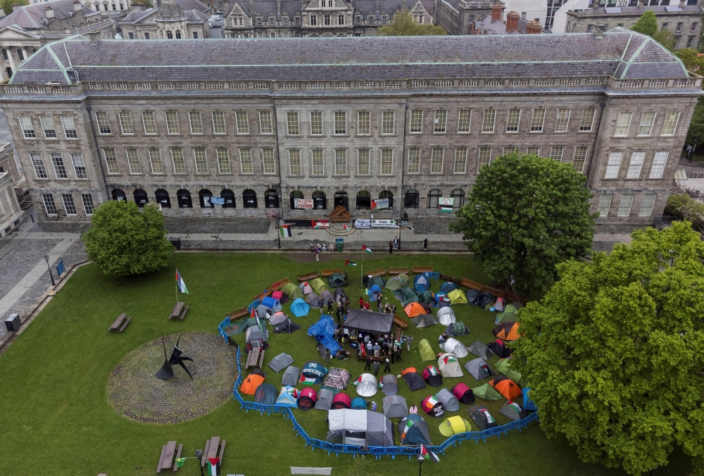 A drone view shows a student encampment on the grounds of Trinity College during a protest in support of Palestinians in Gaza. — AFP pic