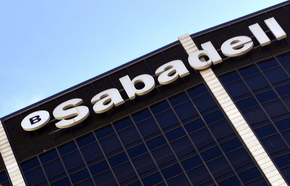 Picture shows 'Banc Sabadell' Catalan bank's logo on a building in Barcelona on October 5, 2017. Banco Sabadell on May 6, 2024 turned down the offer of a possible merger with BBVA, Spain's second-largest bank, more than three years after it turned down a similar offer. — AFP pic
