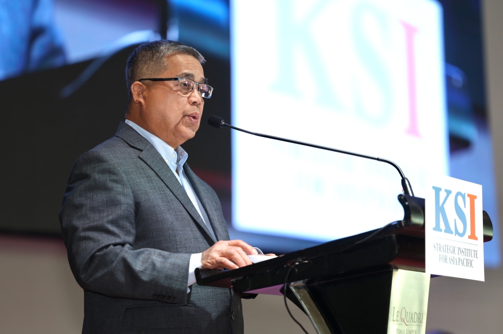 National Unity Minister Datuk Aaron Ago Dagang delivers a keynote address at the Sejahtera Malaysia Forum in Kuala Lumpur, April 29, 2024. — Bernama pic 