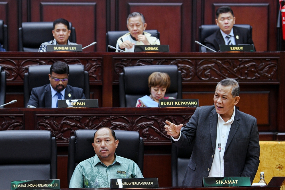 Negeri Sembilan Menteri Besar Datuk Seri Aminuddin Harun speaks at the state assembly sitting in Seremban May 9, 2024. — Bernama pic