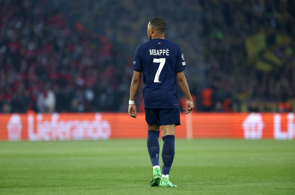 Paris Saint-Germain's French forward #07 Kylian Mbappe reacts during the Uefa Champions League semi-final second leg football match between Paris Saint-Germain (PSG) and Borussia Dortmund, at the Parc des Princes stadium in Paris on May 7, 2024. — AFP pic