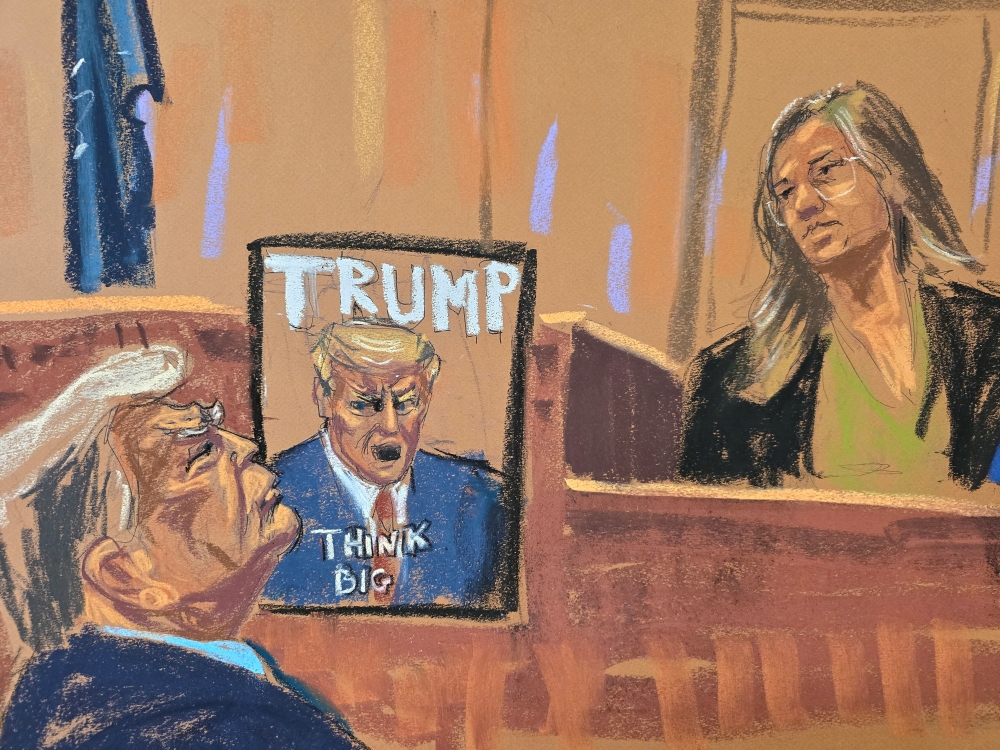 Former US President Donald Trump watches as HarperCollins Vice President Tracey Menzies testifies during his criminal trial on charges that he falsified business records to conceal money paid to silence porn star Stormy Daniels in 2016, in Manhattan state court in New York May 9, 2024 in this courtroom sketch. — Reuters pic
