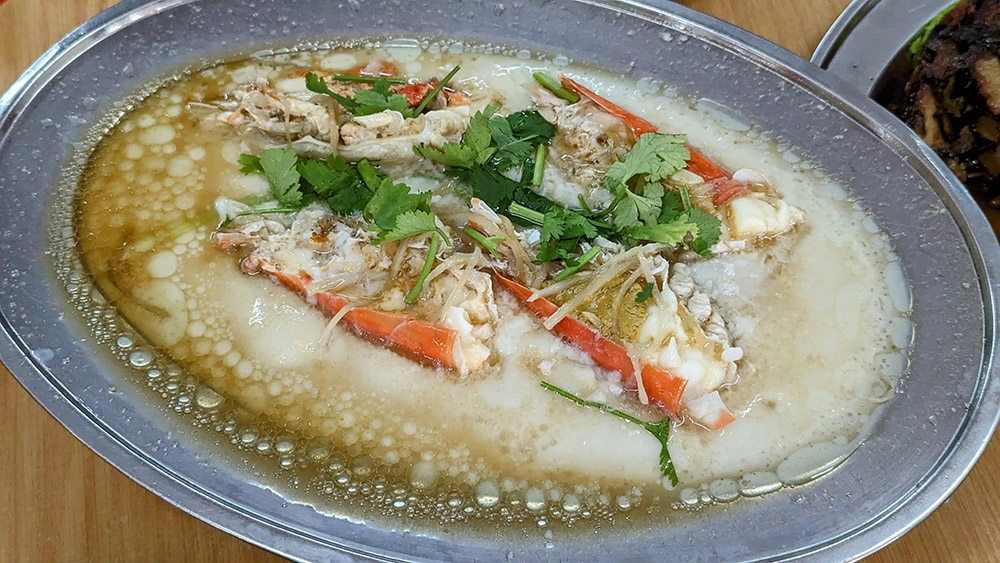 Freshwater prawn heads steamed with egg, ginger and rice wine.