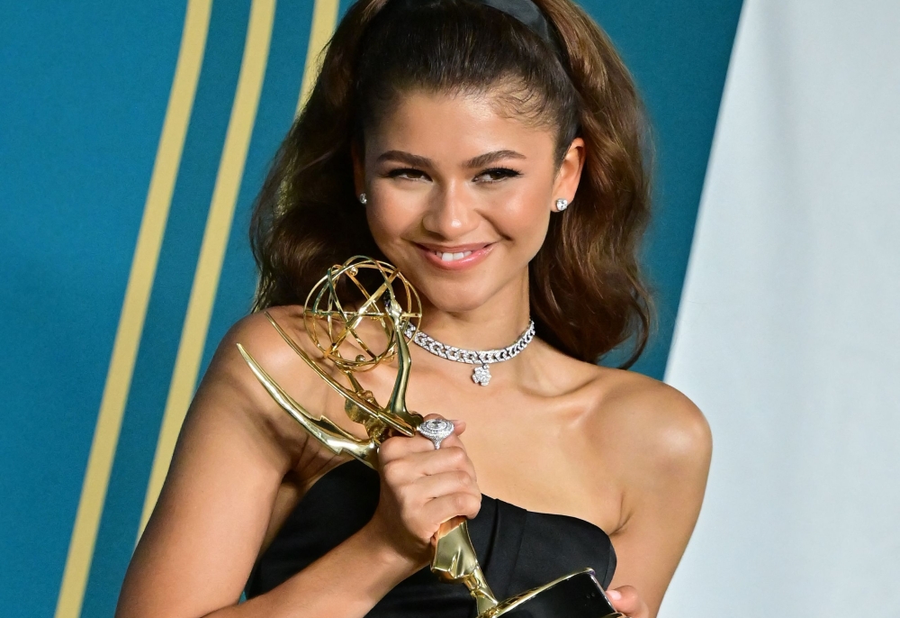 US actress Zendaya poses with the Emmy for Outstanding Lead Actress In A Drama Series for ‘Euphoria’ during the 74th Emmy Awards at the Microsoft Theatre in Los Angeles, California September 12, 2022. — AFP pic