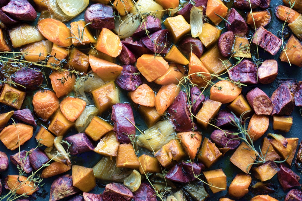 Serve the chicken with a selection of colourful roasted vegetables.