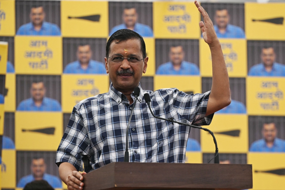 Aam Aadmi Party (AAP) leader and chief minister of Delhi Arvind Kejriwal gestures as he speaks during a press conference at the party headquarters in New Delhi on May 11, 2024, a day after being release on bail by India’s top court. — AFP pic
