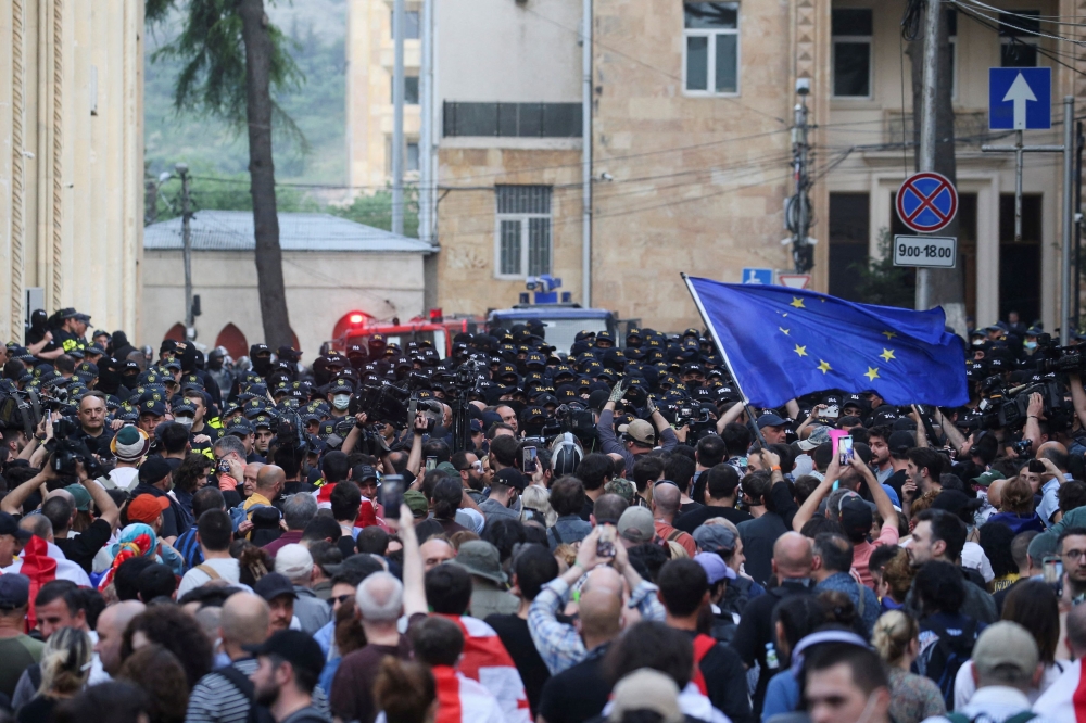 File photo of security forces operating as demonstrators hold a rally to protest against a bill on ‘foreign agents’, in Tbilisi, Georgia, May 1, 2024. — Reuters pic