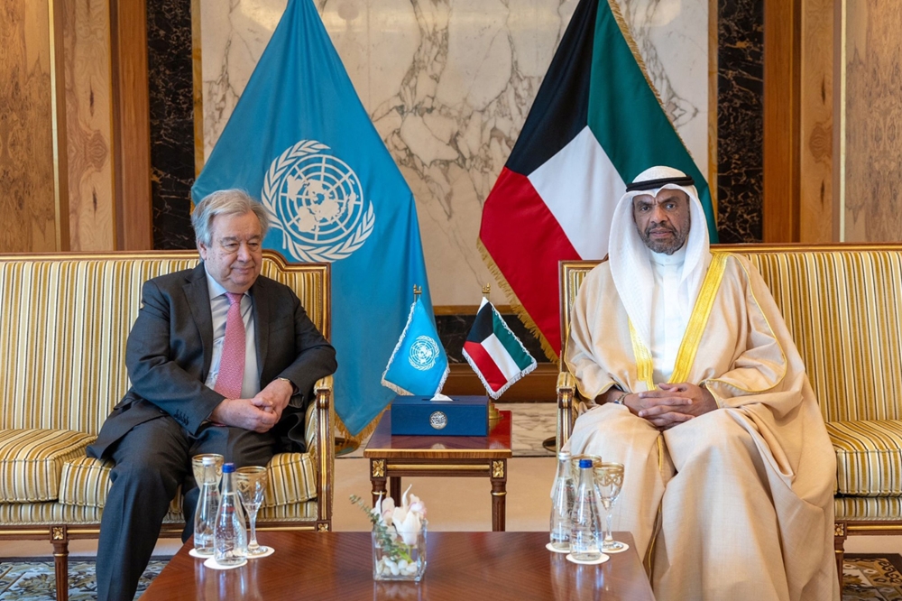 This photo provided by the Kuwaiti news agency KUNA on May 12, 2024 shows Kuwait Foreign Minister Abdullah al-Yahya (right) meeting with UN Secretary-General Antonio Guterres at the foreign ministry in Kuwait City. — AFP pic/KUNA handout