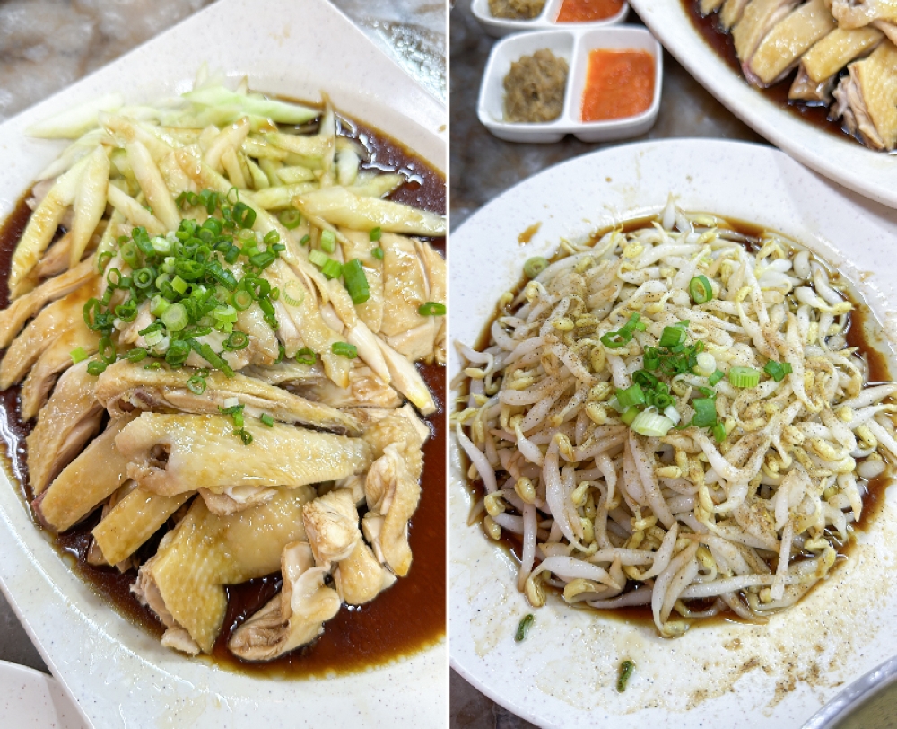 Go for the poached 'kampung' chicken at Sam Ma Chicken Rice for juicy, flavourful meat with a slight bite (left). A must in Ipoh are their signature bean sprouts with that crunch (right)