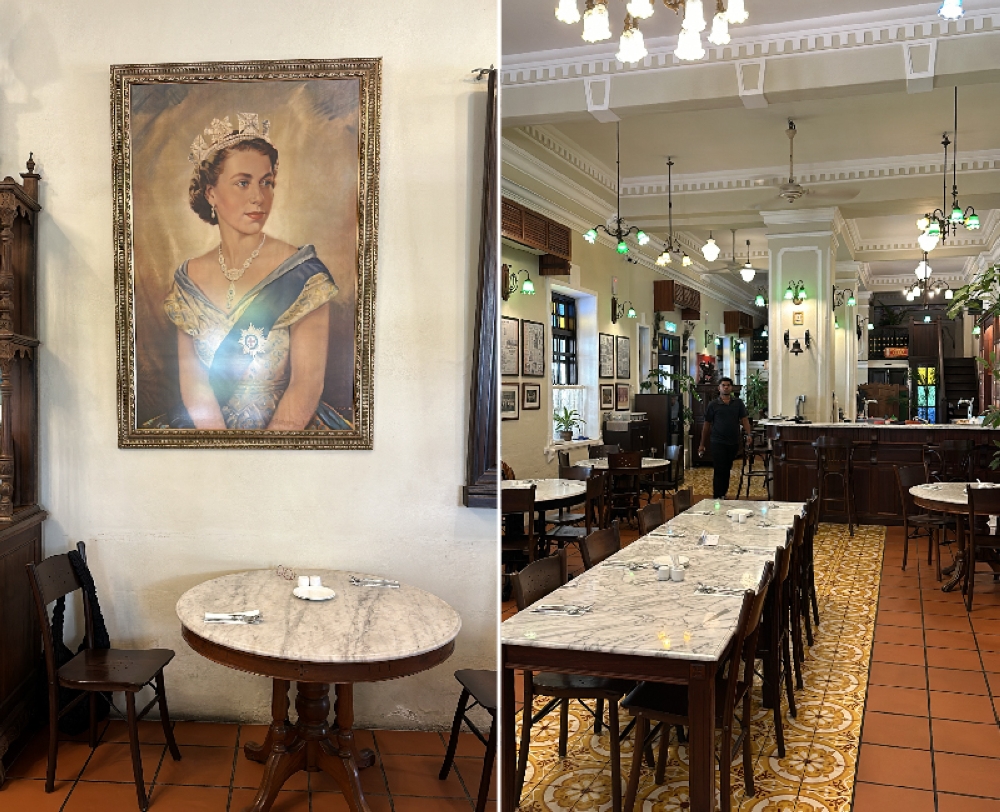 Durbar at FMS is where you get to dine under the watchful eyes of a young Queen Elizabeth II (left). Restored to its former glory, Durbar at FMS makes a great stopover for Hainanese Western cuisine and a dose of nostalgia (right)