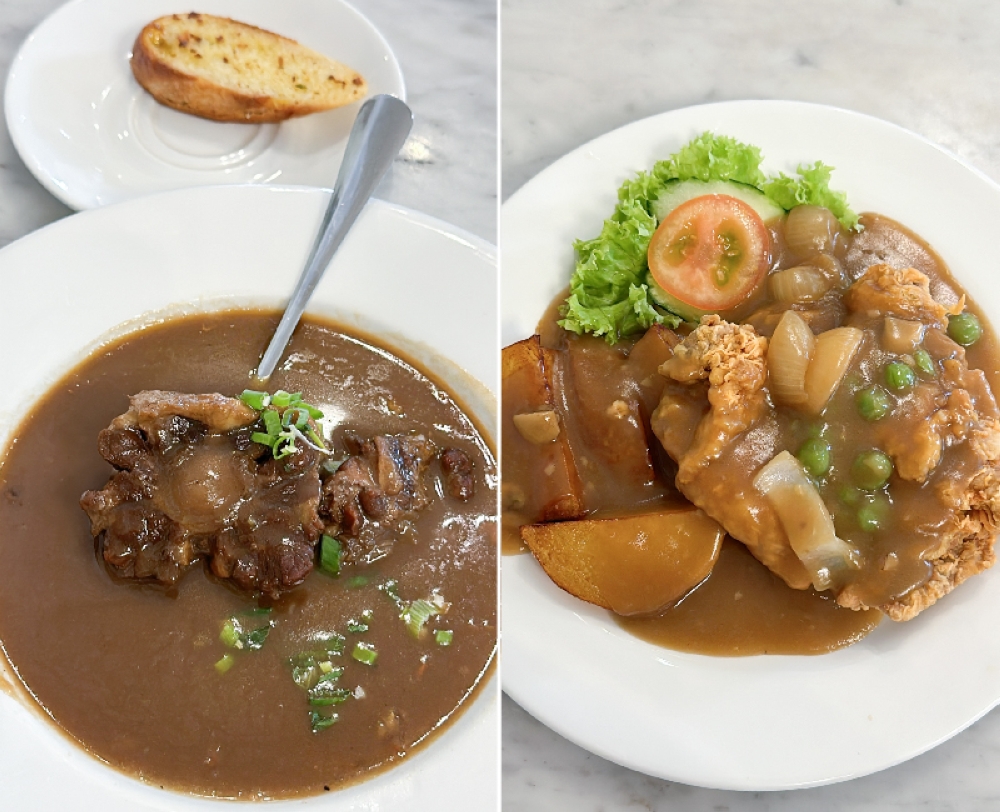 Traditional Oxtail Soup is the best way to start your meal at Durbar at FMS with its rich flavour (left). Hainanese Chicken Chop at Durbar at FMS is done the old style with brown gravy, sliced onions, potato wedges and peas (right)
