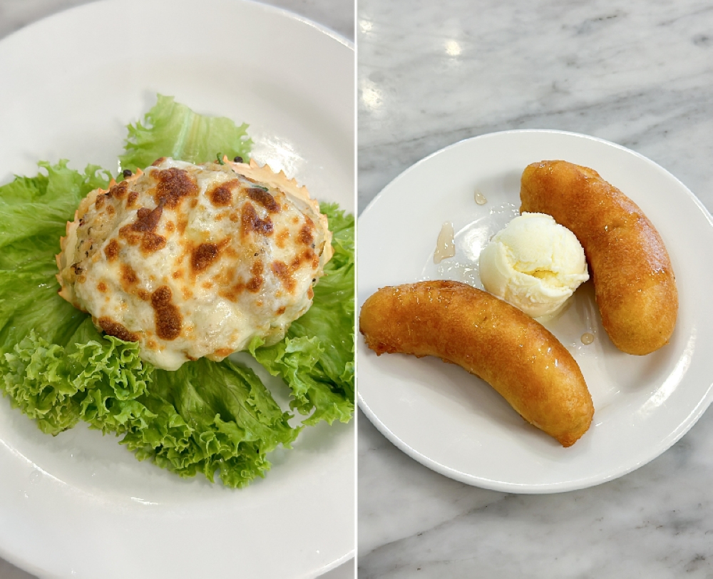 Baked Stuffed Crab hides flaked crab meat mixed with a white sauce under the cheesy topping (left). Banana Fritters with Honey makes a nice, light sweet after lunch at Durbar at FMS (right)