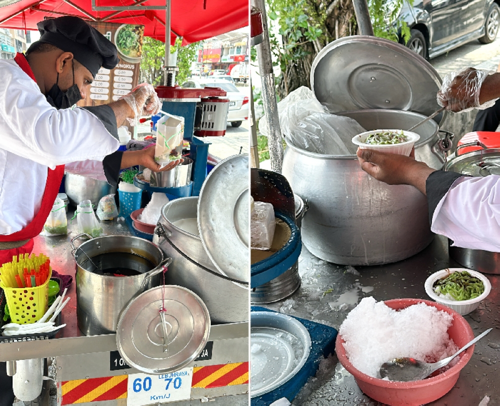 With much care, Ganesan Manickam prepares his signature 'cendol' at his mobile stall known as Cendol Mari (left). Each bowl of 'cendol' has ingredients prepared from scratch (right)