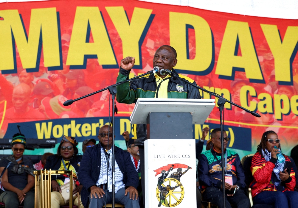 South Africa President Cyril Ramaphosa speaks at the Congress of South African Trade Unions (Cosatu) National Worker's Day rally at Athlone Stadium in Cape Town, South Africa, May 1, 2024. — Reuters pic