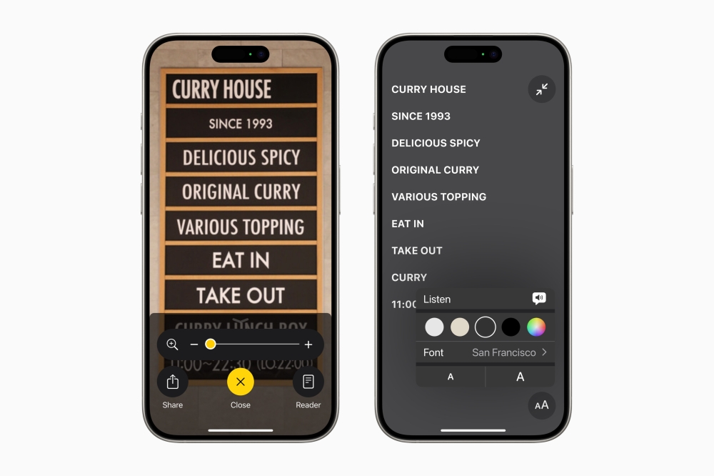 The Magnifier feature has been enhanced to include a new Reader mode. — Picture courtesy of Apple
