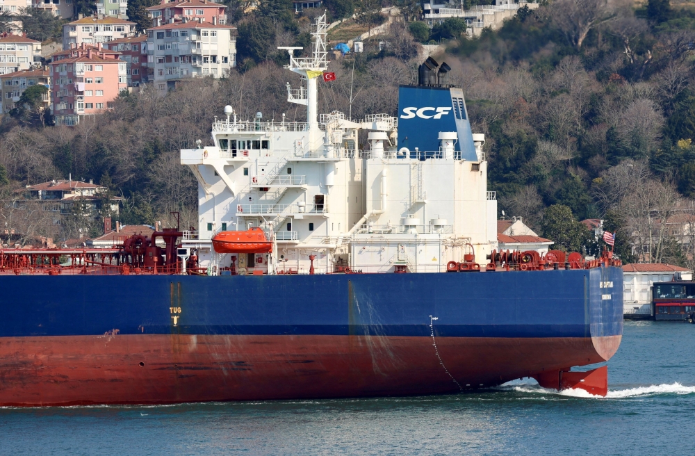 The Liberia-flagged crude oil tanker NS Captain, owned by Russia's leading tanker group Sovcomflot, transits the Bosphorus in Istanbul March 25, 2022. New Delhi has emerged as one of the top buyers of Russian sea-borne oil since Western nations imposed sanctions and halted purchases in response to the war. — Reuters pic  