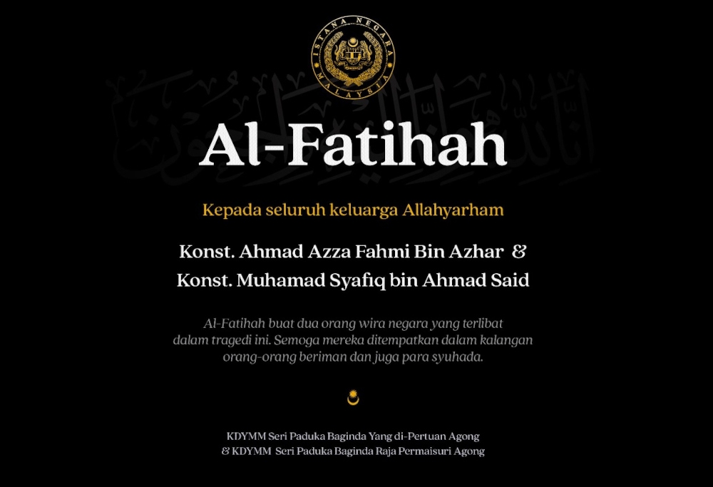 His Majesty Sultan Ibrahim, King of Malaysia extended his deepest condolences to the families of two policemen killed in an attack at the Ulu Tiram police station in Johor early today. — Picture from Facebook/Sultan Ibrahim Sultan Iskandar  