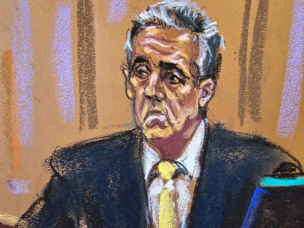 Michael Cohen is cross-examined by defense lawyer Todd Blanche (not pictured) during former U.S. President Donald Trump's criminal trial on charges that he falsified business records to conceal money paid to silence porn star Stormy Daniels in 2016, in Manhattan state court in New York City May 16, 2024, in this courtroom sketch. — Reuters pic  