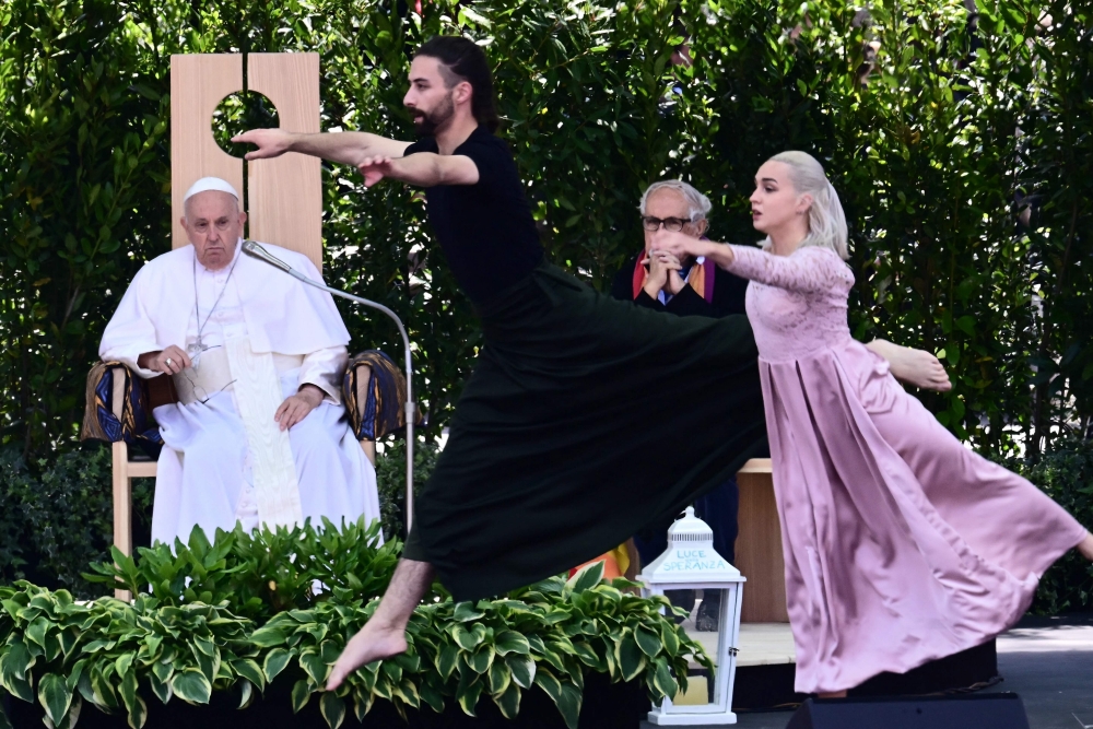 Dancers perform in front of Pope Francis during a meeting on peace and justice at the Arena as part of a visit in Verona, on May 18, 2024. — AFP pic