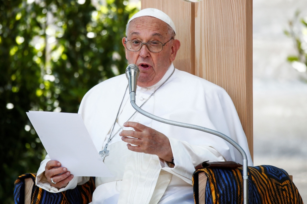 Pope Francis speaks during the ‘Arena of Peace: Justice and Peace Embrace’ meeting at Verona Arena during his visit to Verona, Italy, May 18, 2024. — Reuters pic