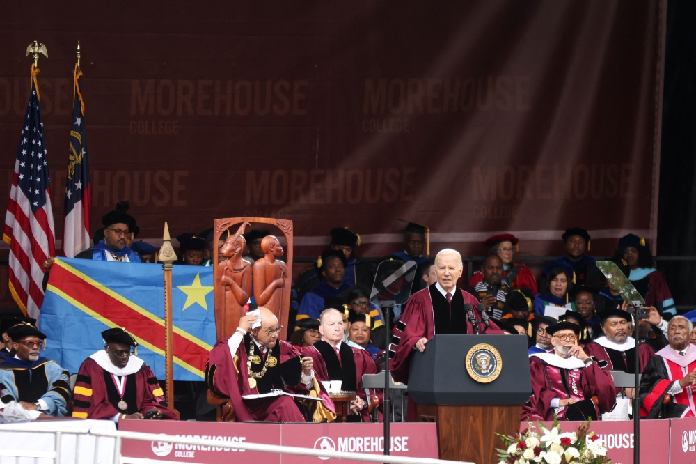 US President Joe Biden addresses Morehouse College graduates during a commencement ceremony in Atlanta, Georgia, May 19, 2024. — Reuters pic
