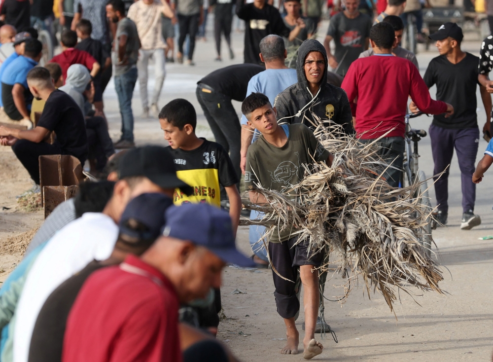 A youth carries dry palm branches as Palestinians gather in the hope of obtaining aid delivered into Gaza through a US-built pier, amid the ongoing conflict between Israel and the Palestinian Islamist group Hamas, as seen from central Gaza Strip, May 19, 2024. — Reuters pic