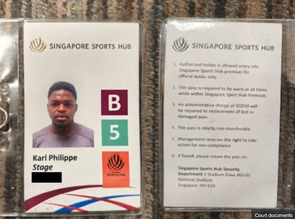 The front and back of the forged Singapore Sports Hub pass for workers that a Cameroon man made in Singapore. — Court documents/TODAY pic 