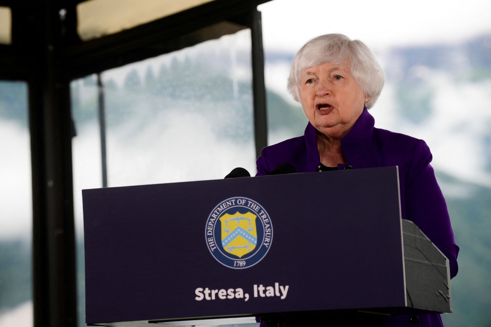 US Secretary of the Treasury Janet Yellen holds a press conference ahead of the G7 Finance Minister and Central Bank Governors' Meeting in Stresa, Italy May 23, 2024. ― Reuters pic