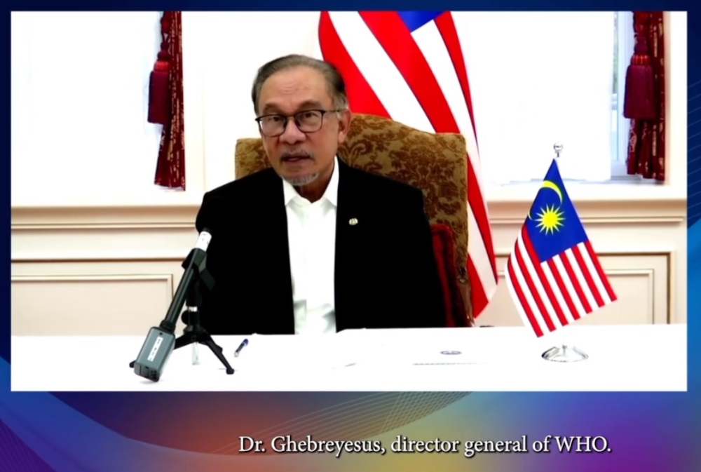 Prime Minister Datuk Seri Anwar Ibrahim addresses the 77th World Health Assembly in Geneva, May 27, 2024. — Screengrab from Facebook/Ministry of Health 
