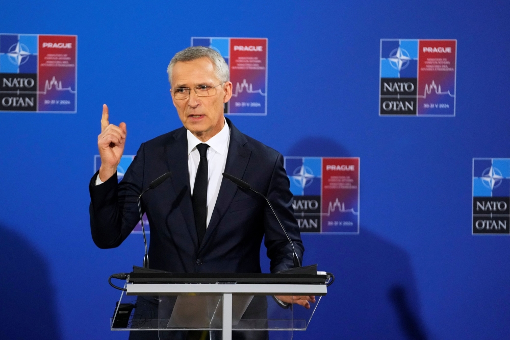 Nato Secretary General Jens Stoltenberg speaks after a meeting of NATO foreign ministers at the Czernin Palace, in Prague May 31, 2024. — Peter David Josek/Pool/Reuters pic