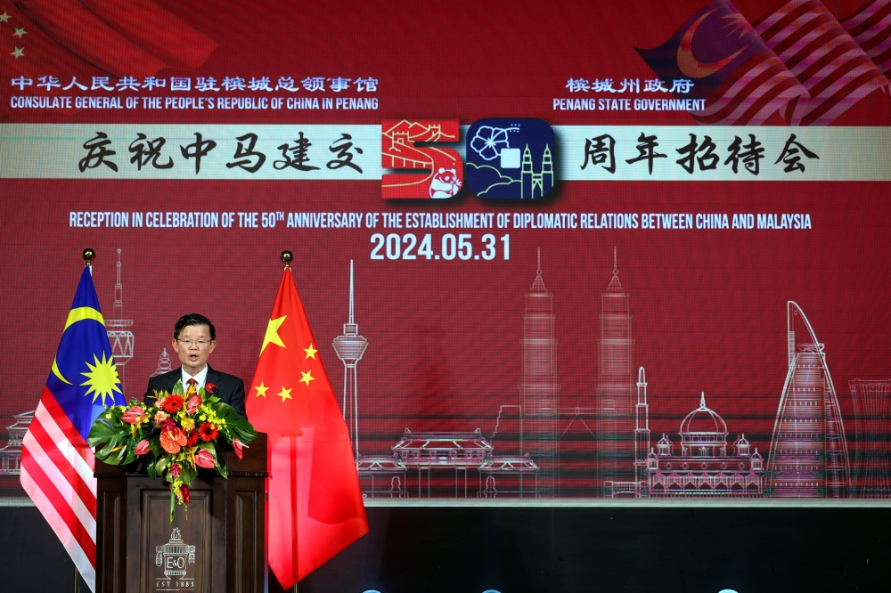 Penang Chief Minister Chow Kon Yeow delivers a speech during a reception in celebration of the 50th Anniversary of the Establishment of Diplomatic Relations between China and Malaysia in George Town, May 31, 2024. — Bernama pic 