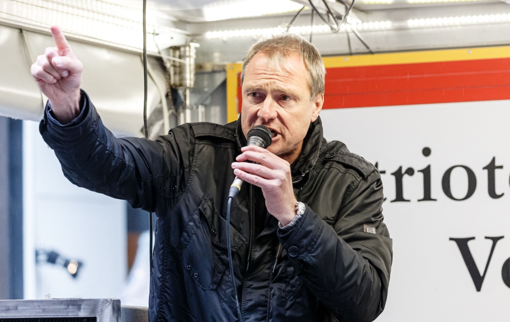 Picture taken on September 29, 2019 in Hamburg, northern Germany, shows German Islam critic Michael Stuerzenberger talking at a rally organised by the Pegida (Patriotische Europaeer gegen die Islamisierung des Abendlandes; Patriotic Europeans Against the Islamisation of the West) movement. — Markus Scholz/dpa/AFP pic