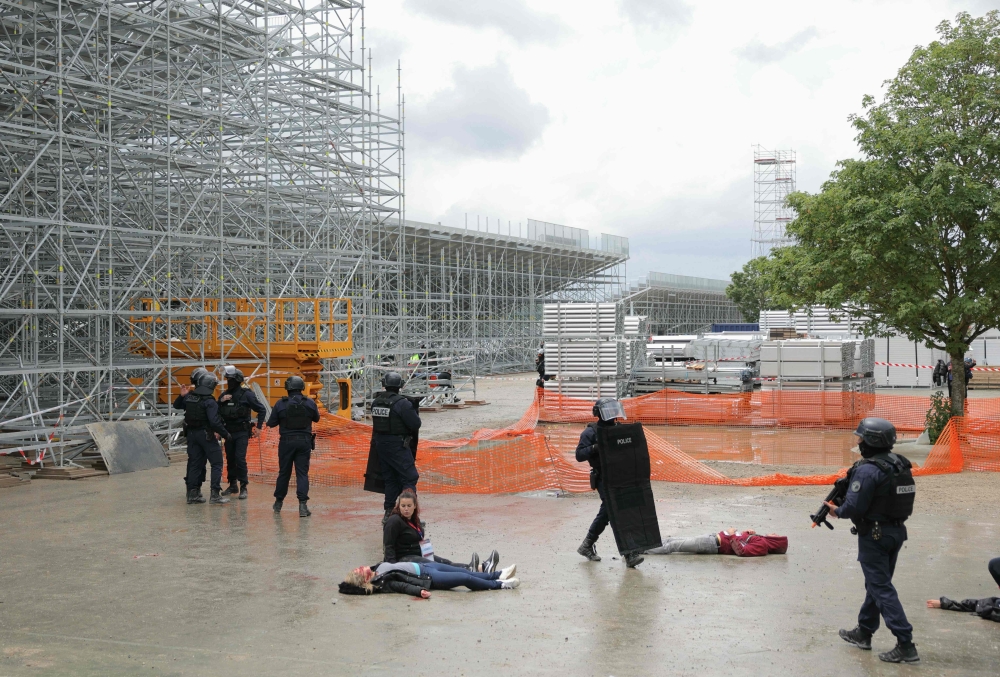 Police officers take part in the Salvare 2024 exercise, a terrorist attack simulation on the Olympic site of Vaires-sur-Marnes May 30 2024. French security services have arrested a Chechen teenager suspected of plotting an ‘Islamist-inspired’ attack on a football game during the July-August Olympic Games. — AFP pic