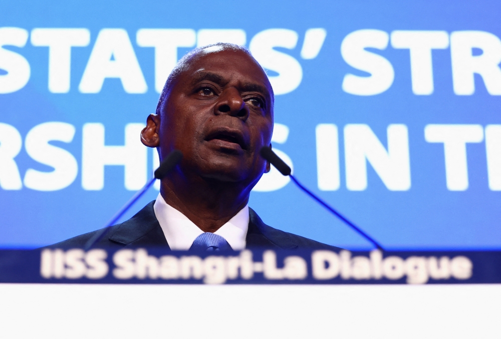 US Defence Secretary Lloyd Austin speaks at the Shangri-la Dialogue in Singapore June 1, 2024. — Reuters pic