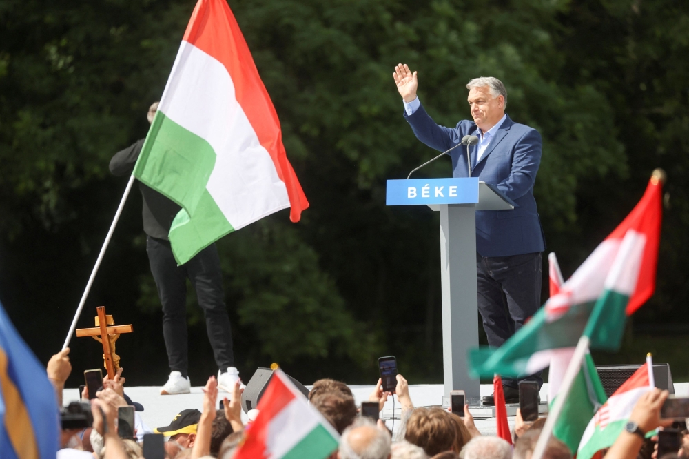 Hungarian Prime Minister Viktor Orban delivers a speech during a pro-government rally, named ‘Peace March’, a week ahead of elections across the European Union, in Budapest, Hungary, June 1, 2024. — Reuters pic