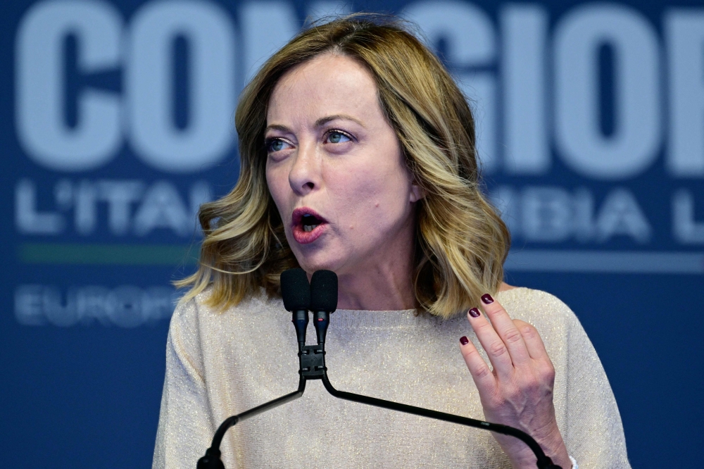 Italian Prime Minister Giorgia Meloni delivers a speech during a campaign meeting of Italian far-right party ‘Fratelli d’Italia’ (Brothers of Italy), on June 1, 2024 in Rome. — AFP pic