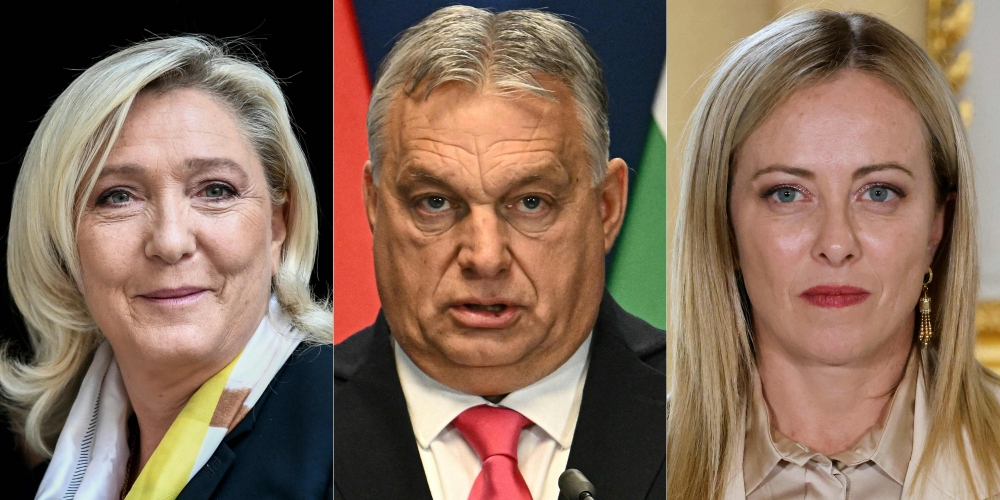 This combination of pictures created on June 01, 2024 shows far-right party Rassemblement National (RN) leader Marine Le Pen, Hungary's Prime Minister Viktor Orban and Italy’s Prime Minister Giorgia Meloni. EU voters go to the polls in a week's time, with far-right, nationalist parties expected to do well in the bloc's next parliament in a time of social and geopolitical uncertainty. — AFP composite pic