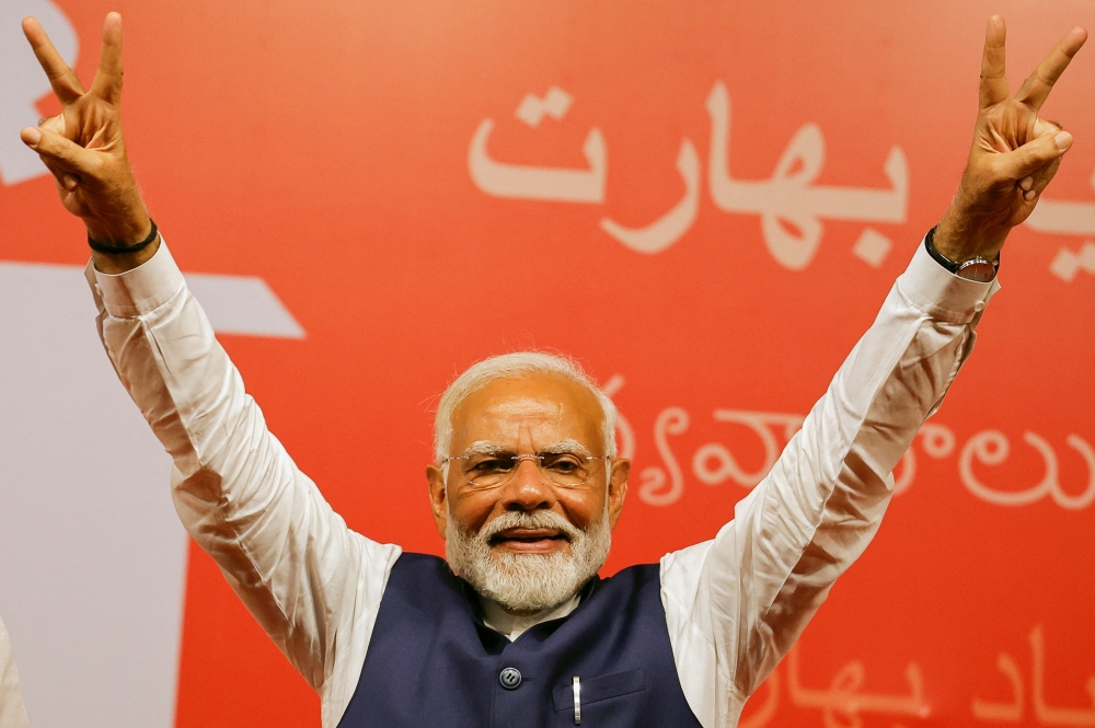 Indian Prime Minister Narendra Modi gestures, at the Bharatiya Janata Party (BJP) headquarters in New Delhi, India, June 4, 2024. — Reuters file pic