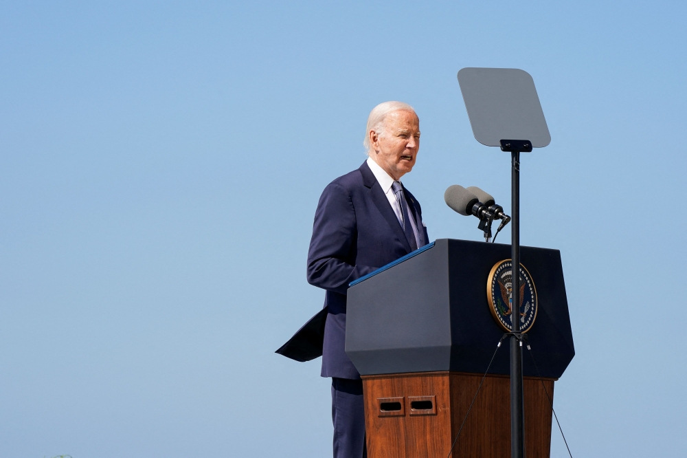 US President Joe Biden delivers remarks at the World War II Pointe du Hoc Ranger Monument following the 80th anniversary of the 1944 D-Day landings in Cricqueville-en-Bessin, Normandy, France June 7, 2024. ― Reuters pic