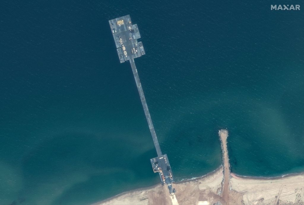 A satellite image shows an overview of trident pier, amid the ongoing conflict between Israel and the Palestinian Islamist group Hamas, on the Gaza shoreline, May 18, 2024. — Maxar Technologies/Handout via Reuters