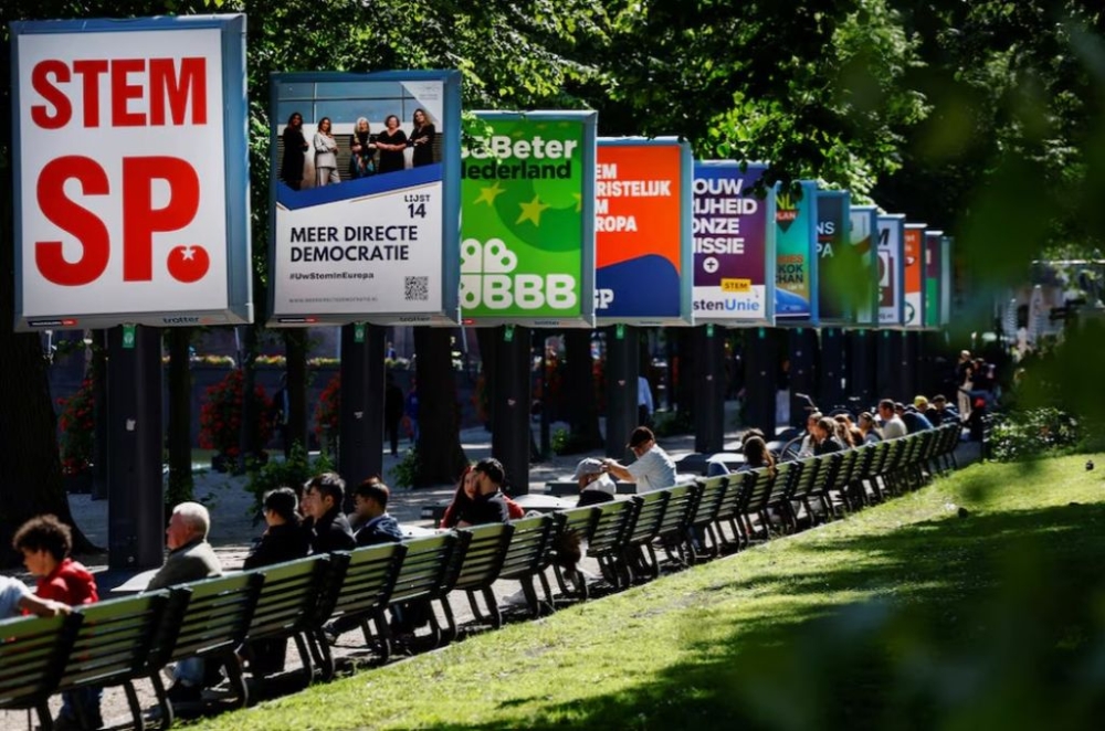 Election campaign boards are displayed, ahead of the elections across 27 European Union member states, of which the Netherlands is the first country to go to the polls in this round of elections to the bloc’s parliament, in The Hague, Netherlands, June 5, 2024. — Reuters pic