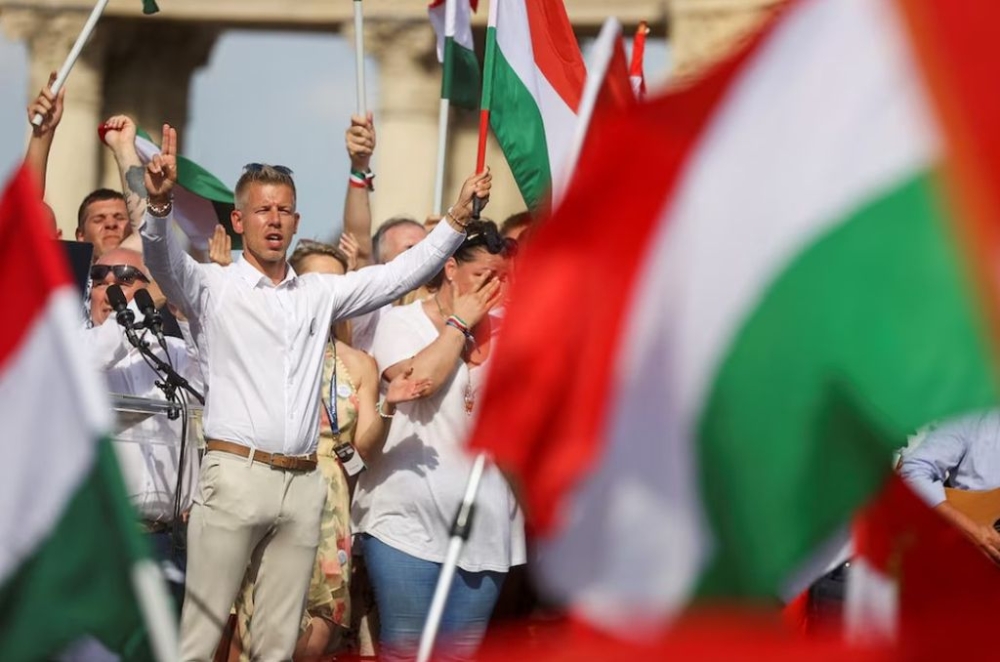 Peter Magyar, former government insider and leader of the Respect and Freedom (Tisza) Party holds a rally ahead of the European Parliament elections, in Budapest, Hungary June 8, 2024. — Reuters pic