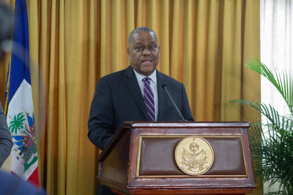 Prime Minister Garry Conille speaks during the ceremony to hand over the ampliation of the decree appointing him as prime minister in Port-au-Prince, Haiti, Monday June 03, 2024. — Anadolu pic via Reuters