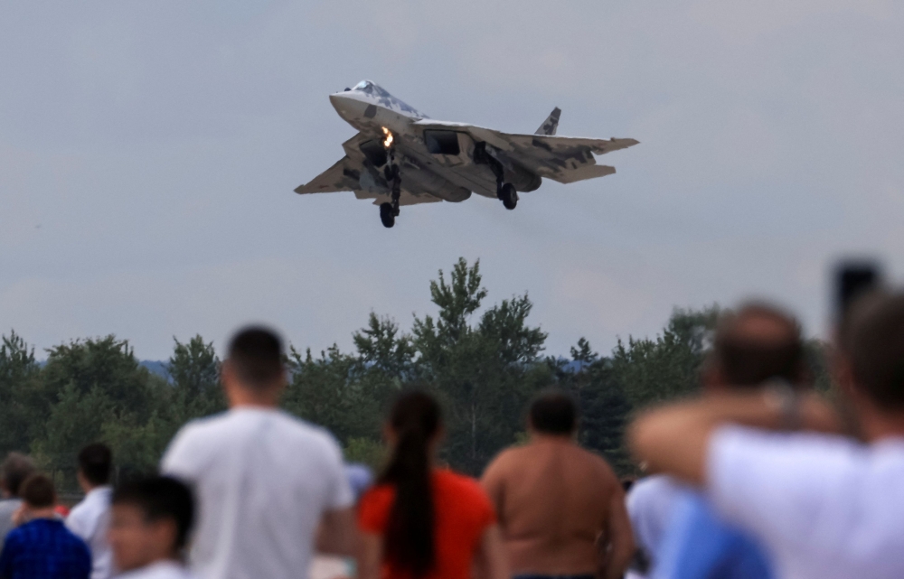 A Sukhoi Su-57 jet fighter performs during the MAKS 2021 air show in Zhukovsky, outside Moscow July 25, 2021. — Reuters pic  